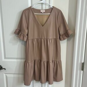 Cider V-Neck Ruffle Sleeve Tiered Dress in Taupe